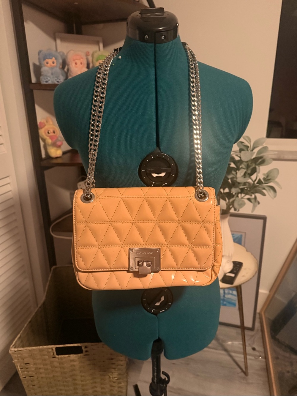Michael Kors Quilted Beige Shoulder Bag with Silver Chain
